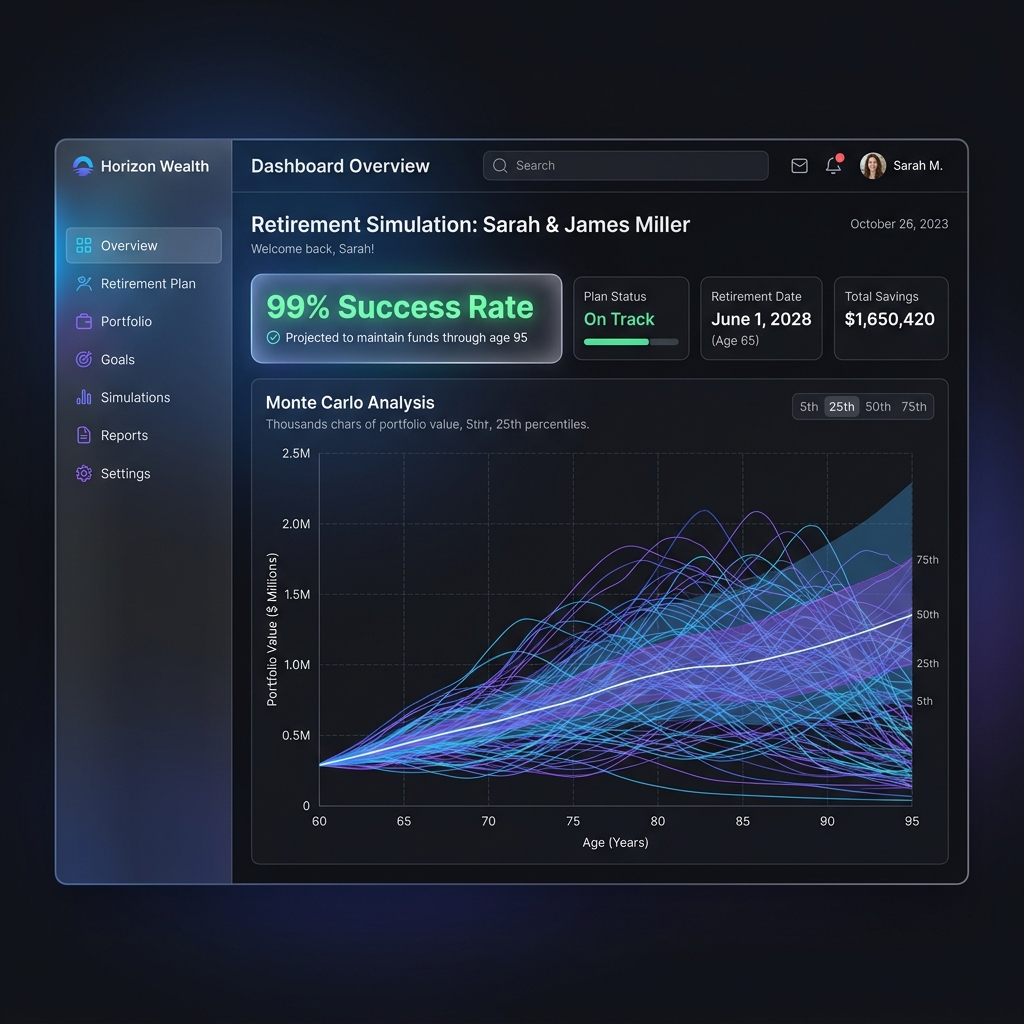 Pension Planner Dashboard showing Monte Carlo analysis
