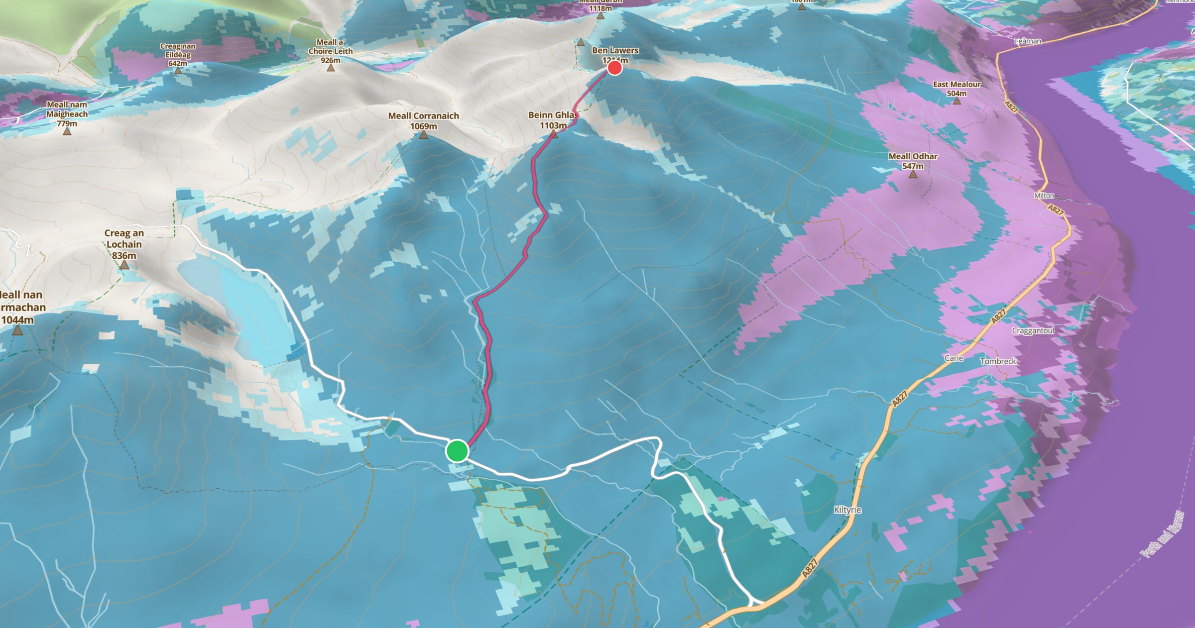 Trail Signal 3D map of Ben Lawers with EE coverage draped over the terrain