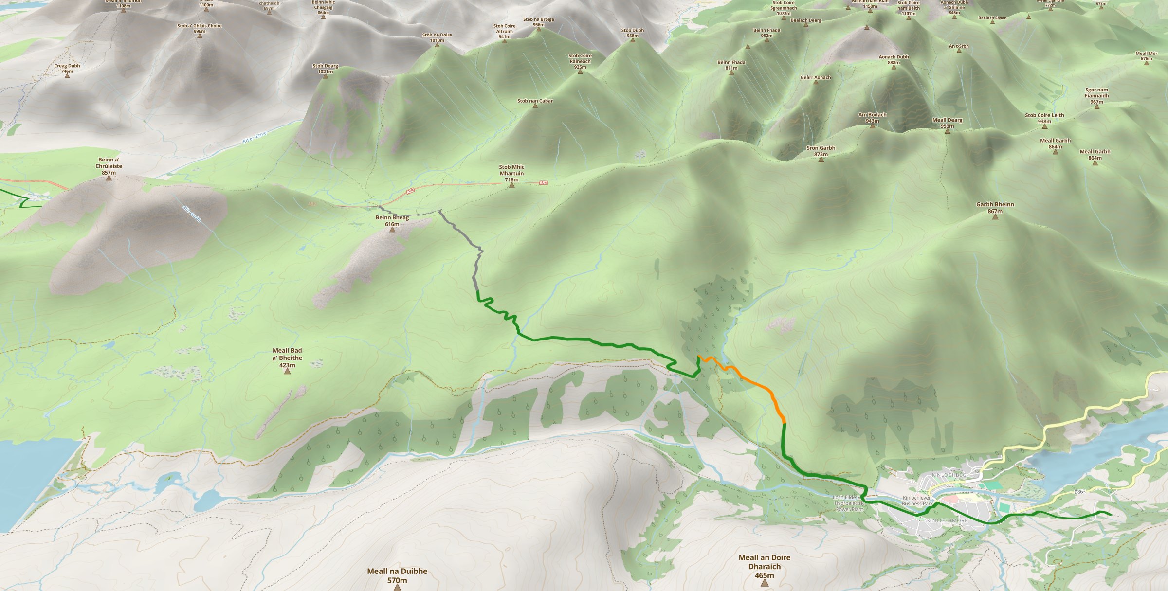 A recorded track on the West Highland Way coloured by signal strength — grey where the signal died